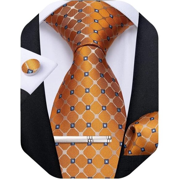🆕Men Orange Plaid Silk Checkered Necktie Pocket Square Cufflinks Tie Clip Set